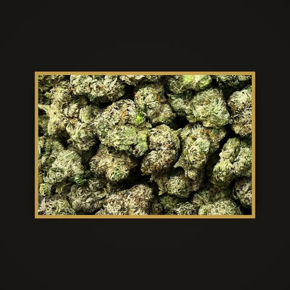 Cherry Slushie THC flower (hemp THCA), indoor, framed in brass