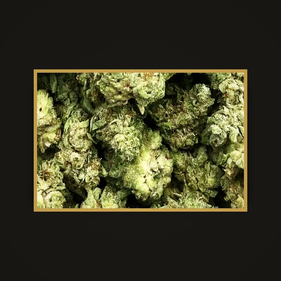 Original Glue THC flower (hemp THCA), indoor, framed in brass