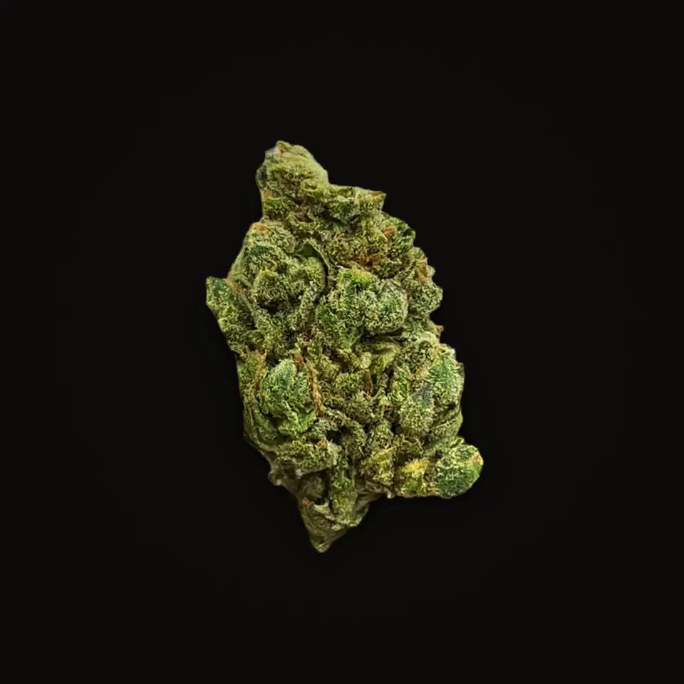 Sour Diesel Mix THC flower (hemp THCA), indoor, spotlit on black